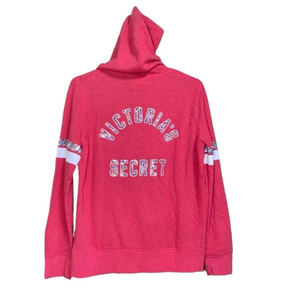 Victoria Secret Hoodie Womens Size Medium Pink Zip Up Sequin Logo Athleisure